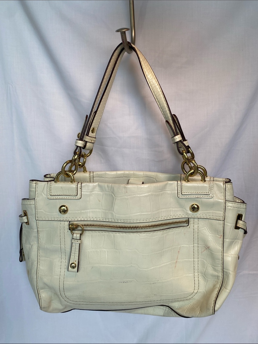 Coach Cream Croc-Embossed Patent Leather Shoulder Bag Satchel Gold Hardware - Picture 2 of 9